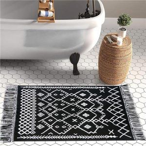 Upgraded Boho Bathroom Rug 2'x3',100% Woven Boho Rug for Bedroom Black White Rug